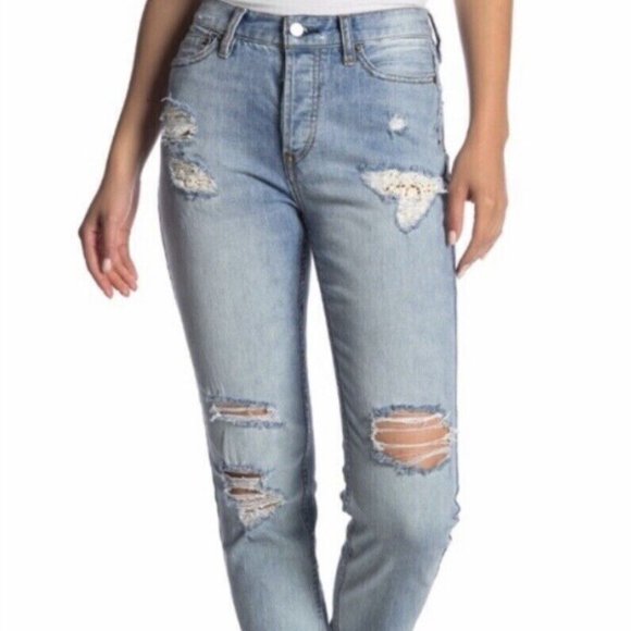 Free People Denim - Free People Size 27 Lacey Stilt Distressed Jeans Crochet Button Fly Light Wash‎